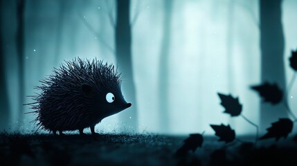 Fototapeta premium A monochrome picture of a porcupine amidst leafy flooring and tall trees in a dim forest setting