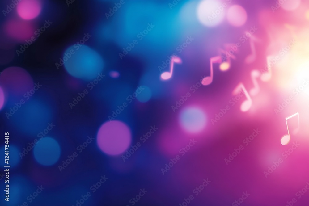 Poster a dark abstract backdrop showcases glowing music notes and clefs in blues and purples, evoking a ser