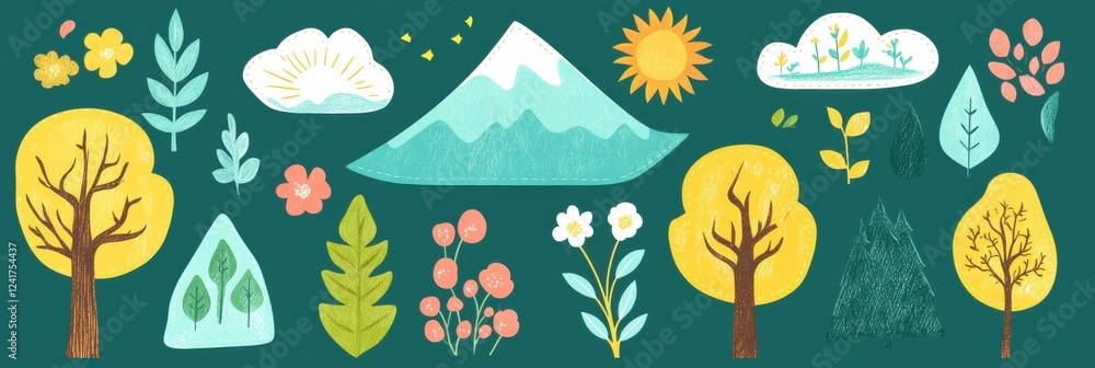 Poster colorful stickers of nature elements featuring trees mountains flowers and clouds on a green backgro