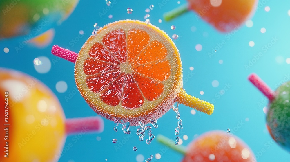 Poster close-up of grapefruit on stick amidst oranges in background