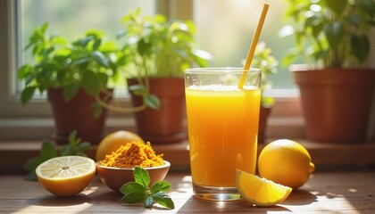 Fototapeta premium Refreshing lemon turmeric detox juice with herbs, perfect for healthy living promotion