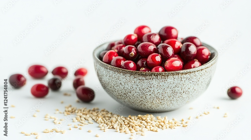 Wall mural   White bowl with cranberries & oatmeal on white surface