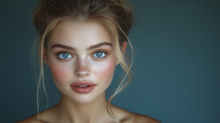 Striking Portrait of a Young Woman with Blue Eyes and Glowing Skin in Soft Natural Lighting

