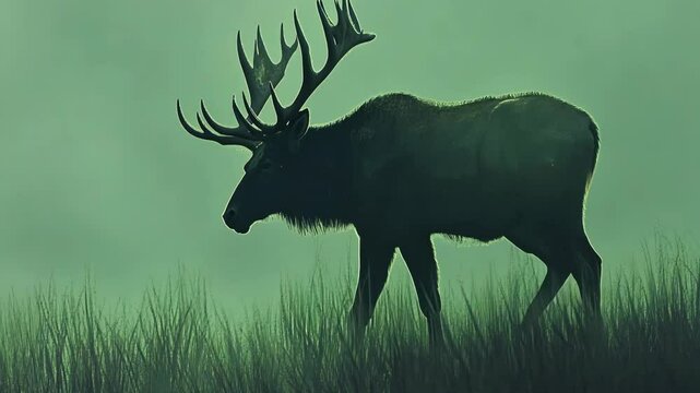 Majestic moose walking through tall grass in misty forest during twilight hours