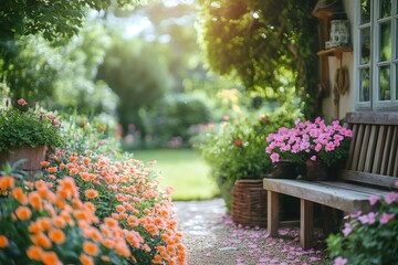 Blooming garden with bench and gravel path in summer