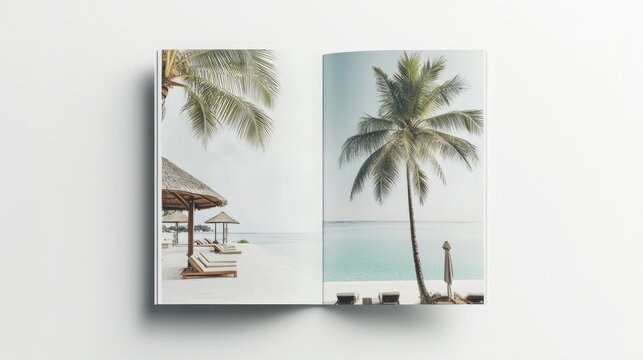 Tropical beach resort brochure spread showcasing palm trees, chaise lounges, and tranquil ocean; ideal for travel marketing