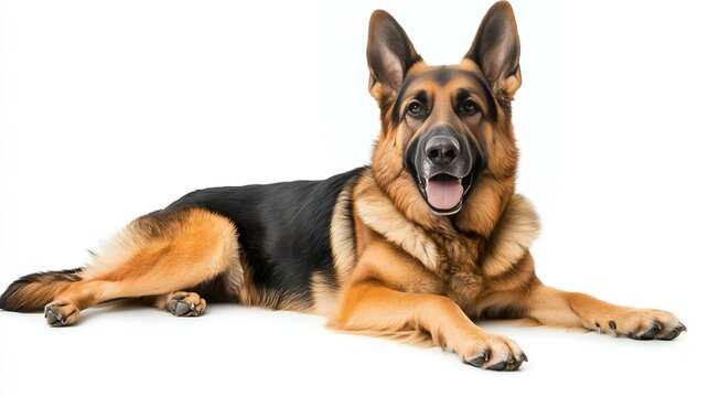 German shepherd dog lying down on a white background with an alert and friendly expression
