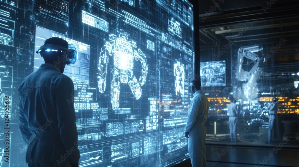 Poster two engineers wearing vr goggles and lab coats are using virtual reality headset and digital screen 