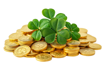 A pile of golden coins with detailed engravings, featuring three-leaf clovers, stacked among fresh green shamrocks.