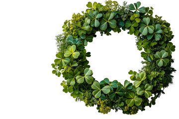 A circular wreath made of green clover leaves and herbs, isolated on a transparent background.