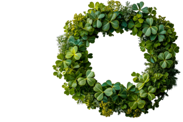 A circular wreath made of green clover leaves and herbs, isolated on a transparent background.