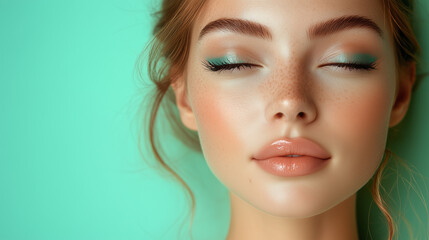 Minimalist Beauty Portrait of a Freckled Woman with Soft Glam Makeup and Green Eyeshadow on a Pastel Background