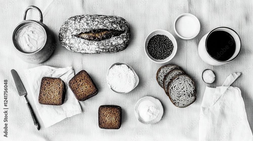 Poster a white tablecloth hosts different types of bread alongside cups of coffee and additional items on a