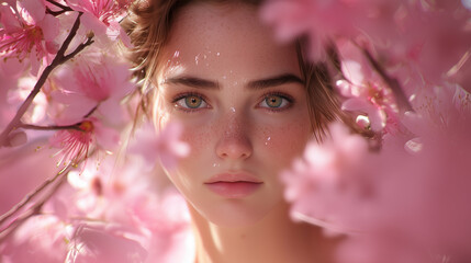 Romantic Portrait of a Young Woman with Freckles Wearing a Straw Hat Surrounded by Pink Blossoms
