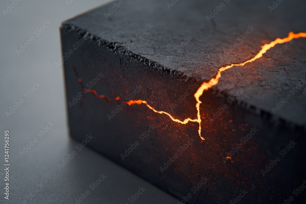 Fototapete detailed view of a black sculpture featuring lava-like cracks that glow red, showcasing its unique d