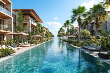 Fototapeta premium Luxurious resort poolside with tropical palm trees