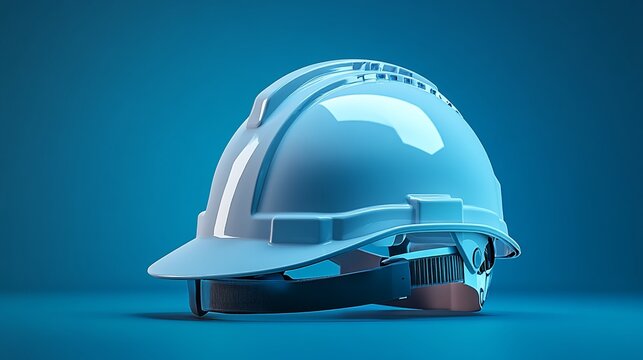 Blue hard hat positioned against a solid blue background, symbolizing safety in construction environments