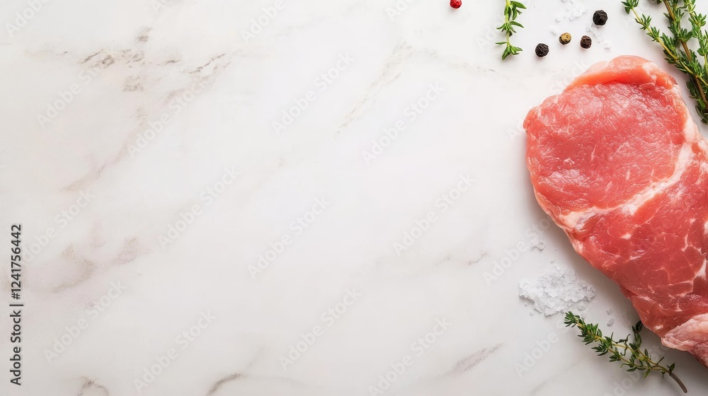 Poster fresh raw pork placed on a marble slab, styled with thyme sprigs and coarse salt, creating an inviti