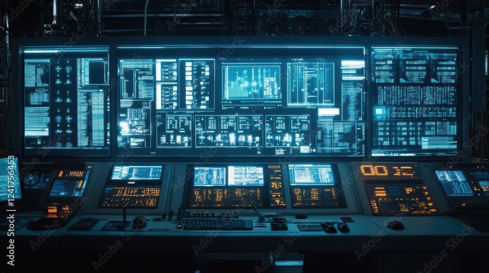 Aufkleber multiple computer screens and control panels displaying complex data visualizations and performance 
