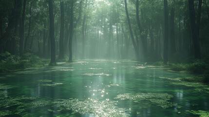 Enchanted Misty Forest with a Serene Green Waterway and Sunlight Filtering Through the Trees
