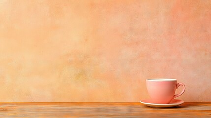   A pink coffee cup perched atop a wooden table, adjoining a vase with a vibrant pink blossom