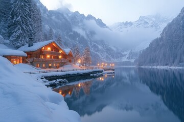 Obraz premium Wooden chalet reflecting on a snowy mountain lake at twilight