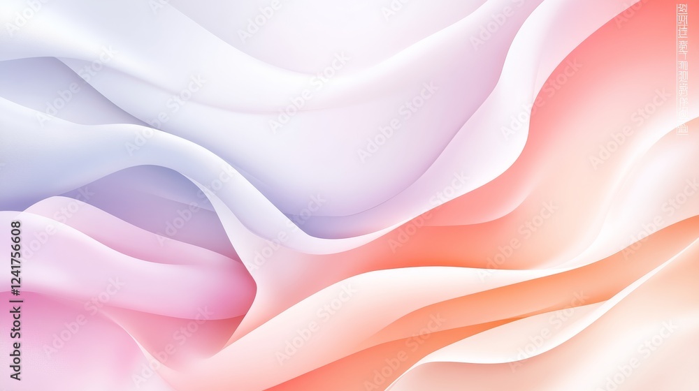 Poster a digital abstract composition features soft peach, coral, and sky blue hues, creating a serene spri