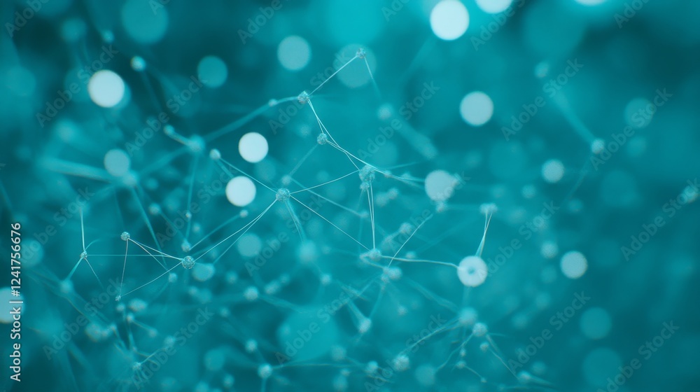Poster Futuristic backdrop showcases interconnected lines and dots in blue and green, illustrating data flow and AI revolution with ample copy space on the left side