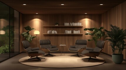 A cozy lounge room with a bookshelf with books and comfortable chairs and green plants.