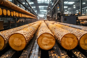 Freshly cut logs are being processed inside a modern lumber mill