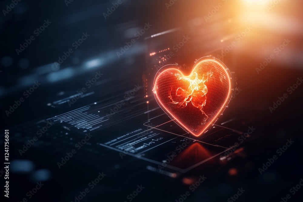 Poster A glowing red heart shape surrounded by pulsating waveforms represents life and health themes. The textured dark background adds depth and emphasis to the design