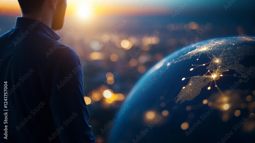 Aufkleber A digital rendering showcases a luminous holographic globe with bright connection points, ideal for illustrating global business and networking concepts