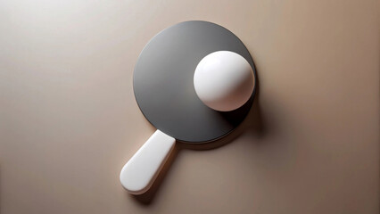 A minimalist design showcasing a ping pong paddle and ball casting a shadow on a smooth surface creates a harmonious composition.Neutral tones and simple shapes emphasize elegance and simplicity.AI