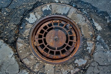 Rusty manhole cover surrounded by broken asphalt, showing urban decay