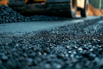 Fresh asphalt is being laid on a city street by a road construction crew using heavy equipment