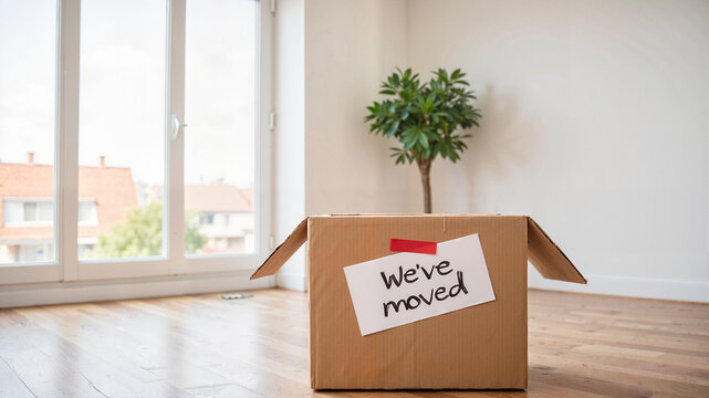 Cardboard box with "We've Moved" text in an empty room. Perfect for moving services, real estate, home blogs, articles on relocation, new beginnings, and transitions.