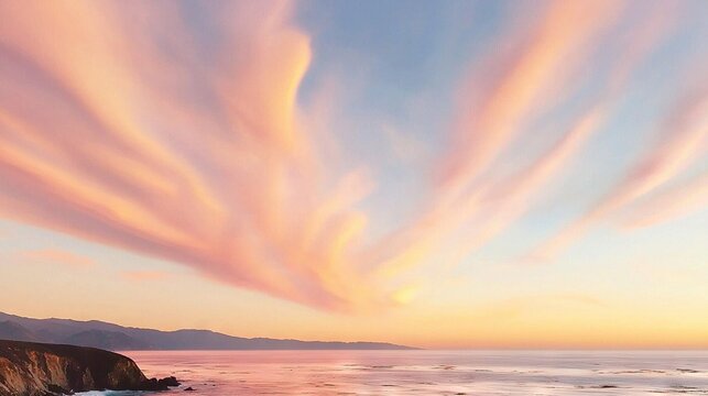   A vast expanse of water lies adjacent to a cliff, with the sky above adorned with an abundance of white and pink cloud formations