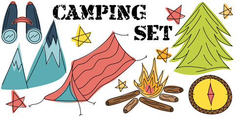 Camping colorful doodle set editable stroke: compass, campfire, binoculars, tent, mountains, spruce, stars. Vector hand drawn illustration in black, green, red, blue, brown, yellow colours
