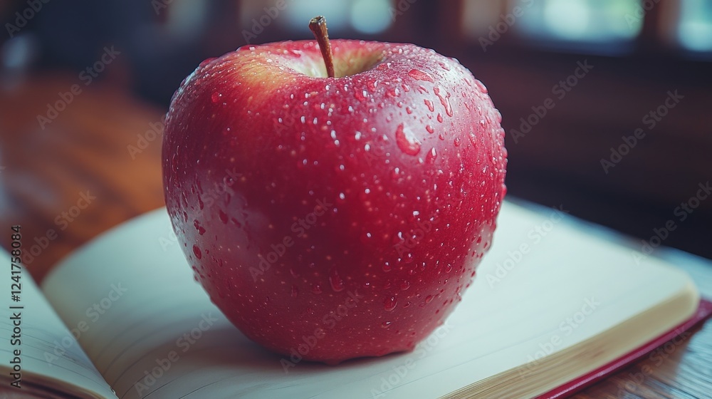 Aufkleber fresh red apple with water droplets resting on an open notebook in a cozy indoor setting