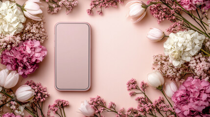 Elegant Smartphone Mockup with Floral Frame of Pink and White Flowers on a Soft Pastel Background