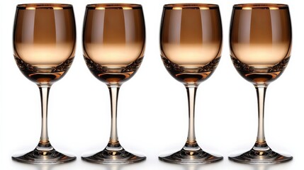 Four elegant wine glasses filled with amber liquid, showcasing reflections and highlights, with a soft background