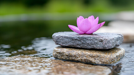 Fototapeta premium Pink lotus flower on stacked stones by calm water, zen garden background, peaceful nature scene
