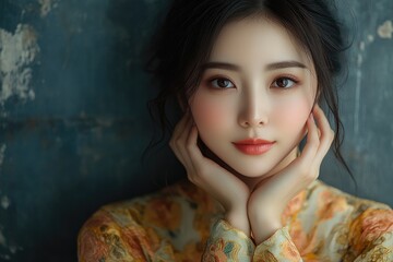 Fototapeta premium Beautiful asian woman posing with hands on chin, wearing traditional dress