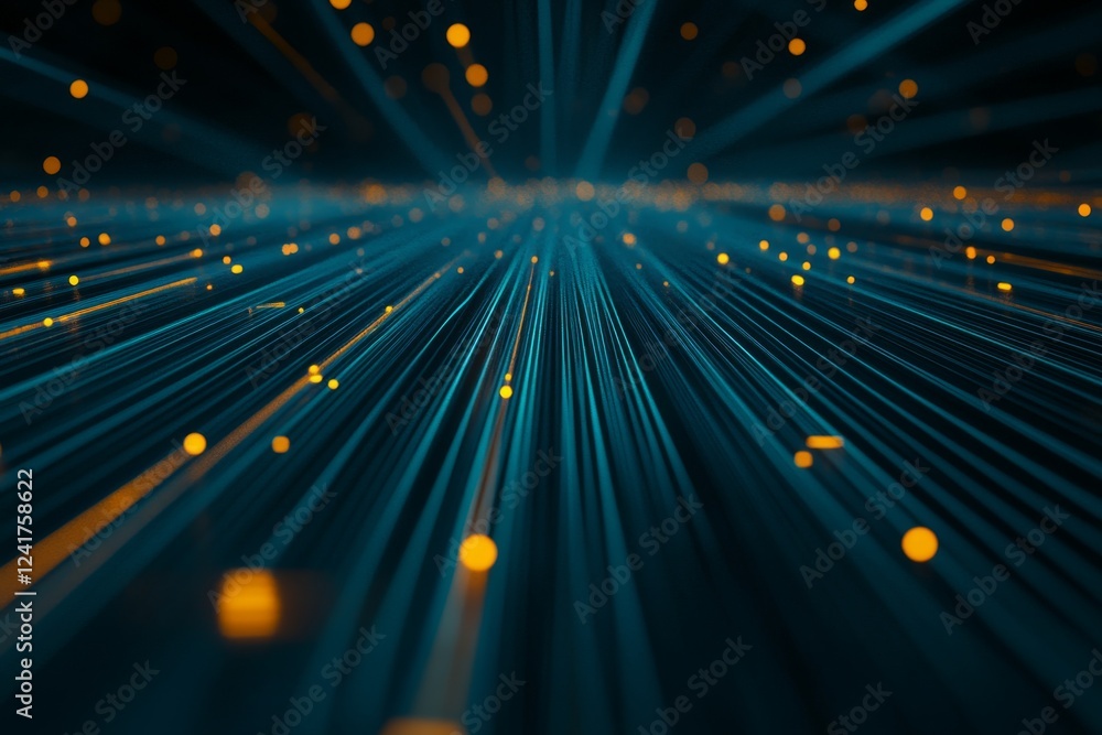Poster Bold blue and orange light trails stretch across a dark background, showcasing the swift movement of technology and connectivity, with open space for design elements