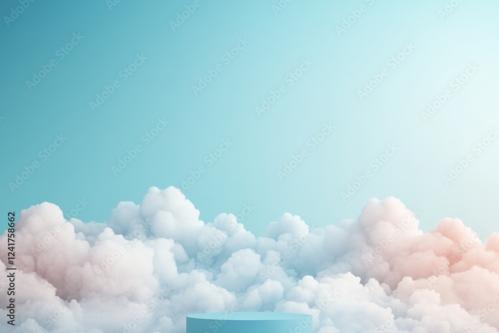 Leinwandbilder a sleek blue podium ascends through layers of white and pale blue clouds, illuminated by soft sunlig
