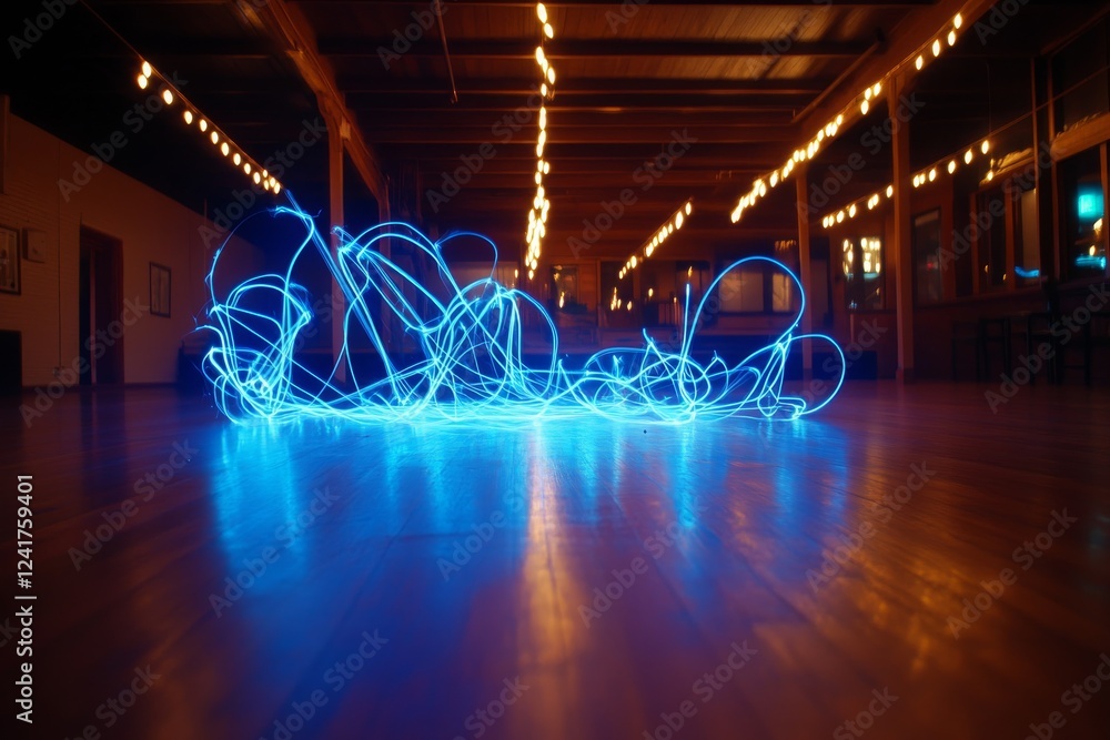Aufkleber Glowing blue light streaks converge into a single point against a dark background, creating a sense of speed and advanced technology in a spacious environment