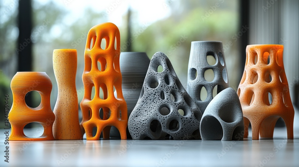 Poster colorful 3d-printed vases displayed on a table with a soft natural background