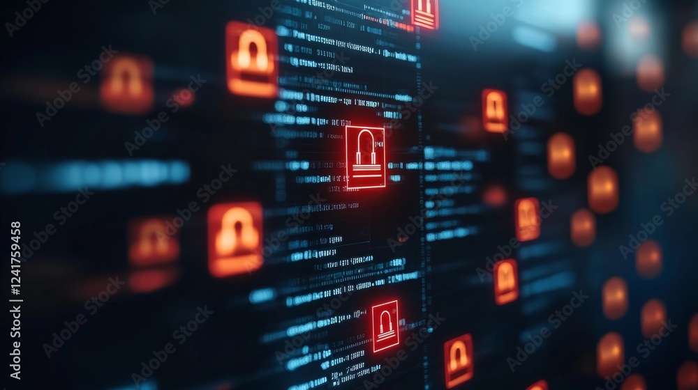 Poster Glowing red alerts signify hacking activity across interconnected data nodes, enhanced by subtle binary code patterns on a dark blue background offering copy space