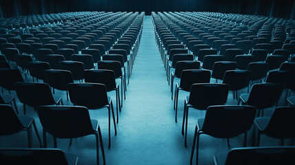 Naklejka premium Large empty conference hall with rows of chairs set up for an event