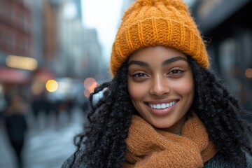 Young woman smiling wearing knitted orange beanie and scarf in city street